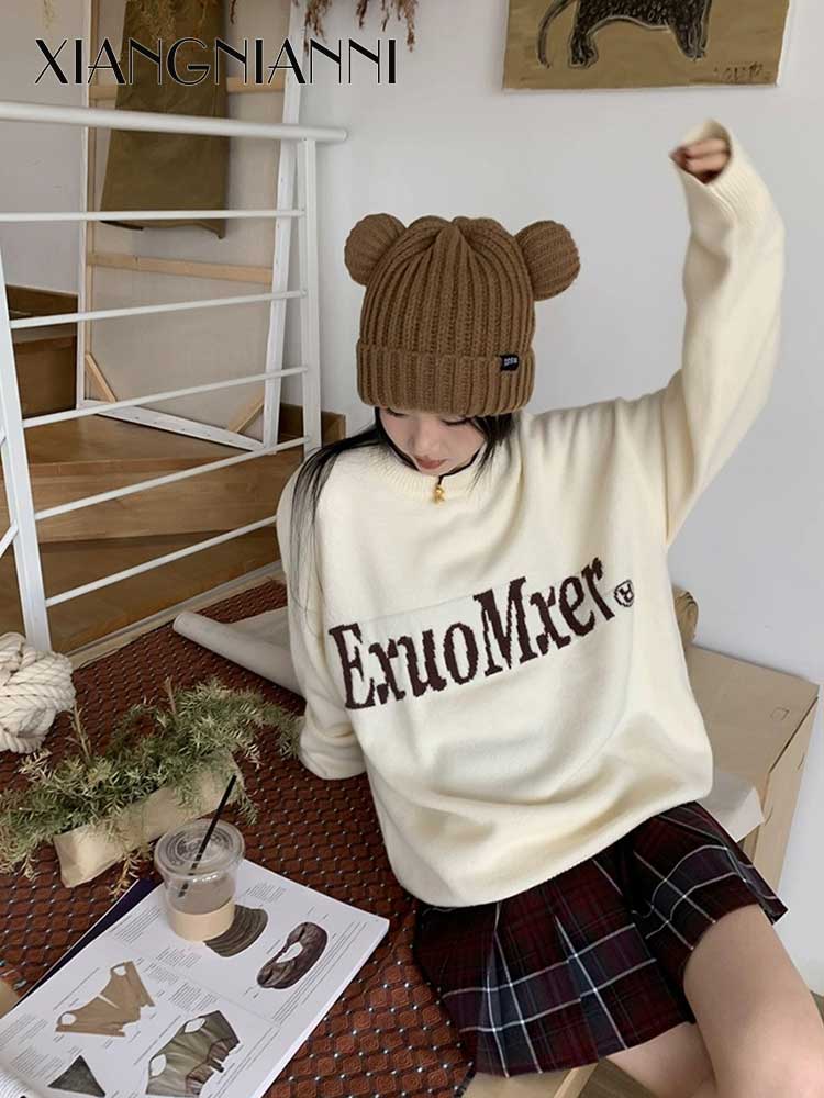 XIANG NIAN NI Embroidered alphabet crewneck pullover sweater women s loose