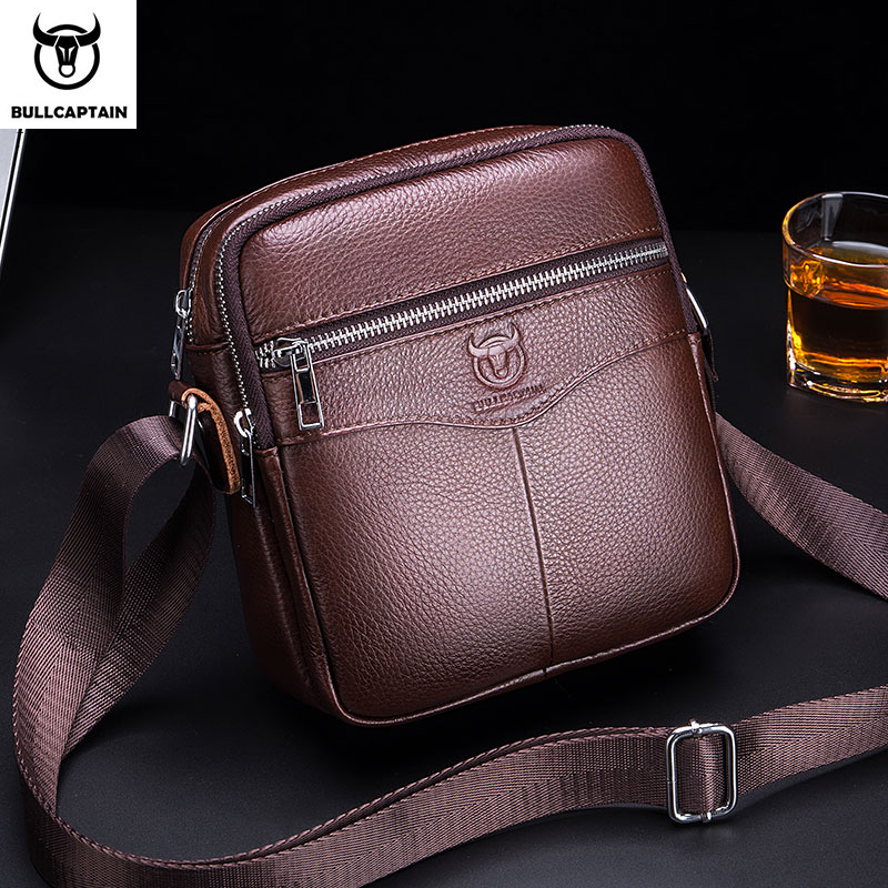 BULLCAPTAIN Casual Mens Messenger Single Shoulder Bag Chất lượng cao Smooth Phần cứng Zipper Túi da đơn của nam giới