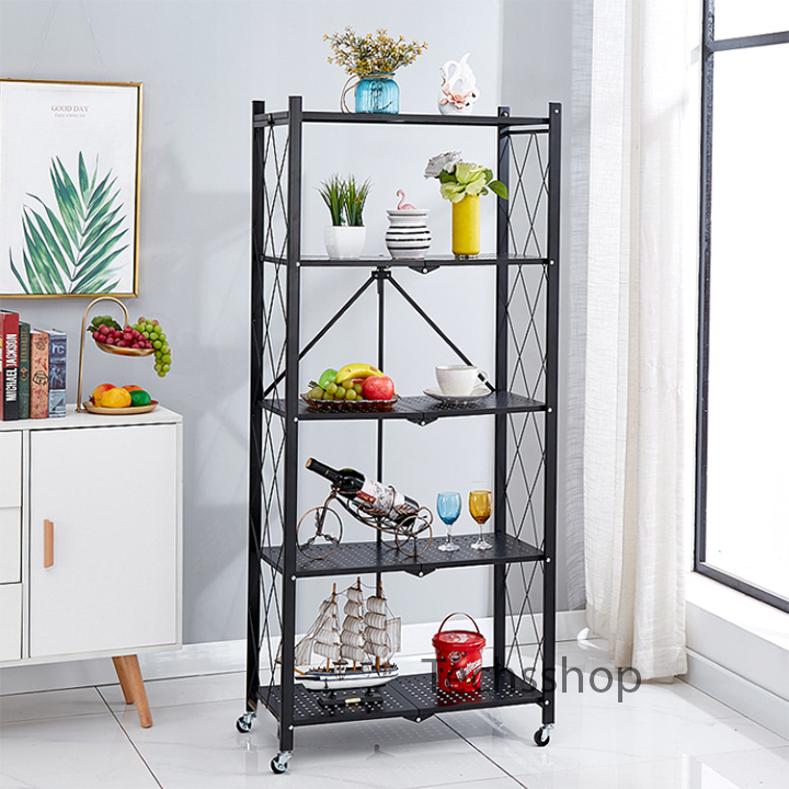 Kệ thép 5 tầng xếp gọn đa năng có bánh xe - Kệ để đồ trang trí phòng khách phòng bếp phòng ngủ gấp gọn - Decor trang trí nhà cửa đẹp - Kệ để sách chậu hoa cây cảnh