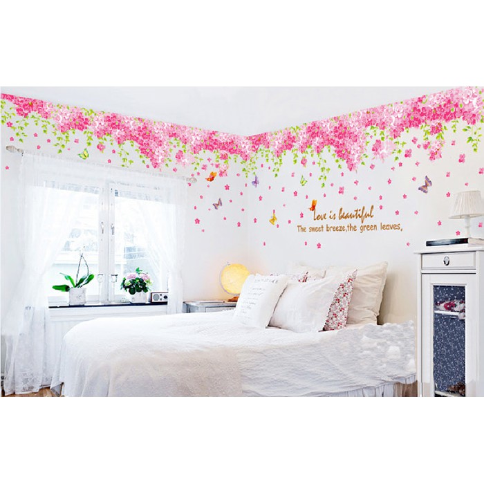 Decal dán tường Vườn hoa anh đào Tranh dán tường 3D tán hoa anh đào hồng