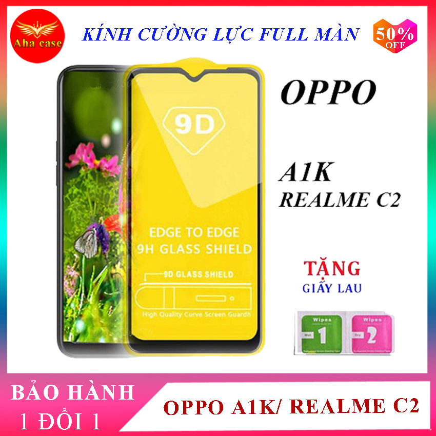 Kính cường lực OPPO A1K full màn/ Cường lực OPPO realme C2 - Kính cường lực oppo full màn. Tặng kèm giấy lau