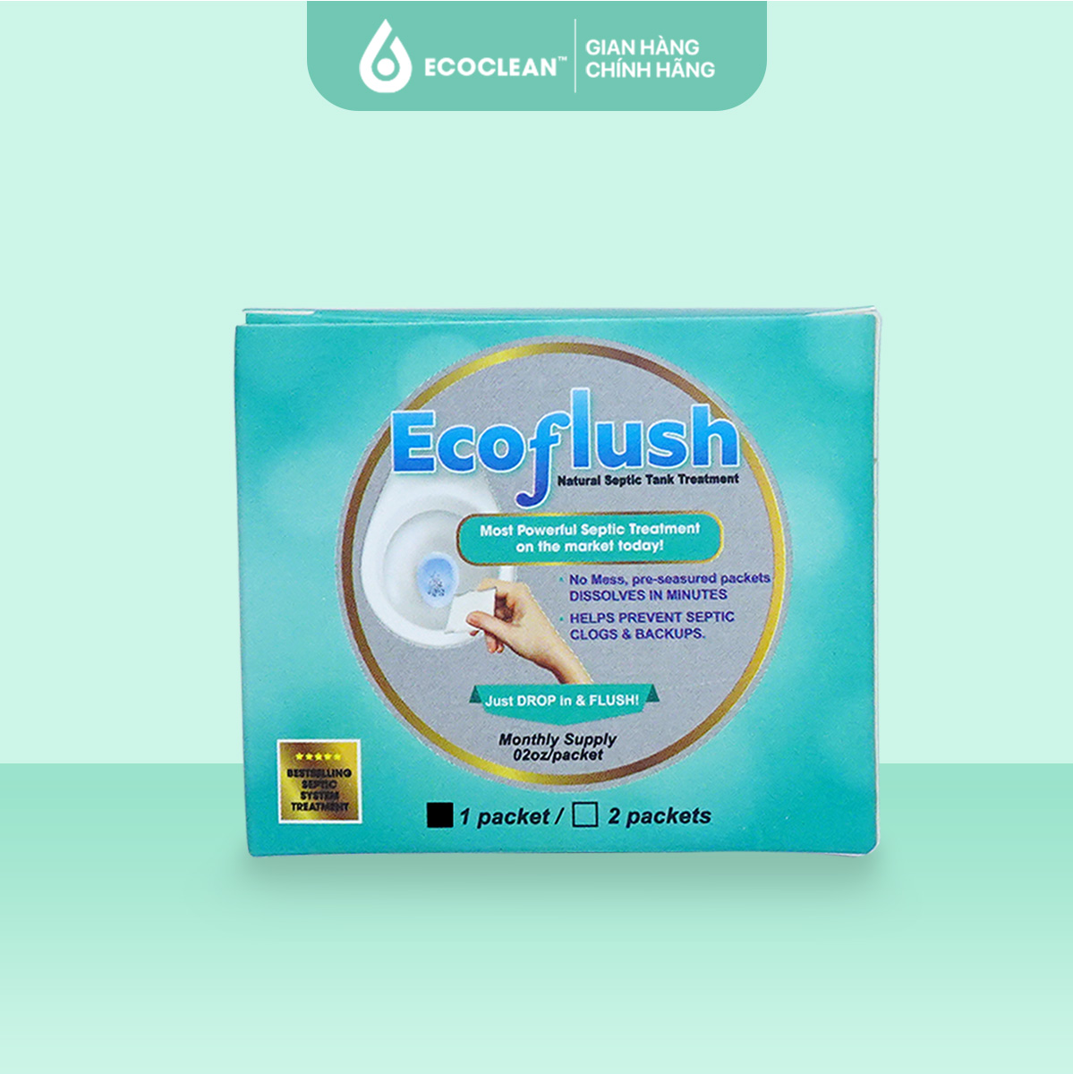 Vi Sinh Xử Lý Bồn Cầu, Bể Phốt Đầy, Tràn - EcoFlush Hộp Nhỏ - Túi Gói Sinh Học Tự Huỷ - Khử mùi hiệu quả
