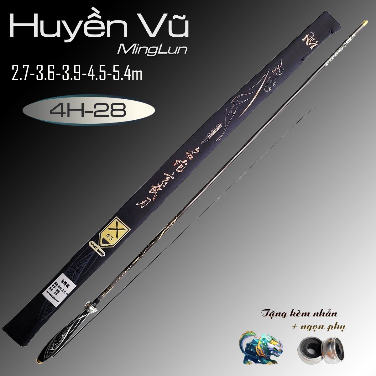 Cần Câu Huyền Vũ 4H chuyên câu đơn câu đài carbon cao cấp size từ 2m7 đến 5m4