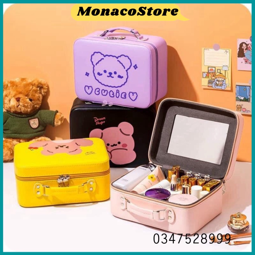 Cốp hộp đựng mĩ phẩm gấu,Hộp đựng mĩ phẩm đồ trang điểm, makeup kèm gương