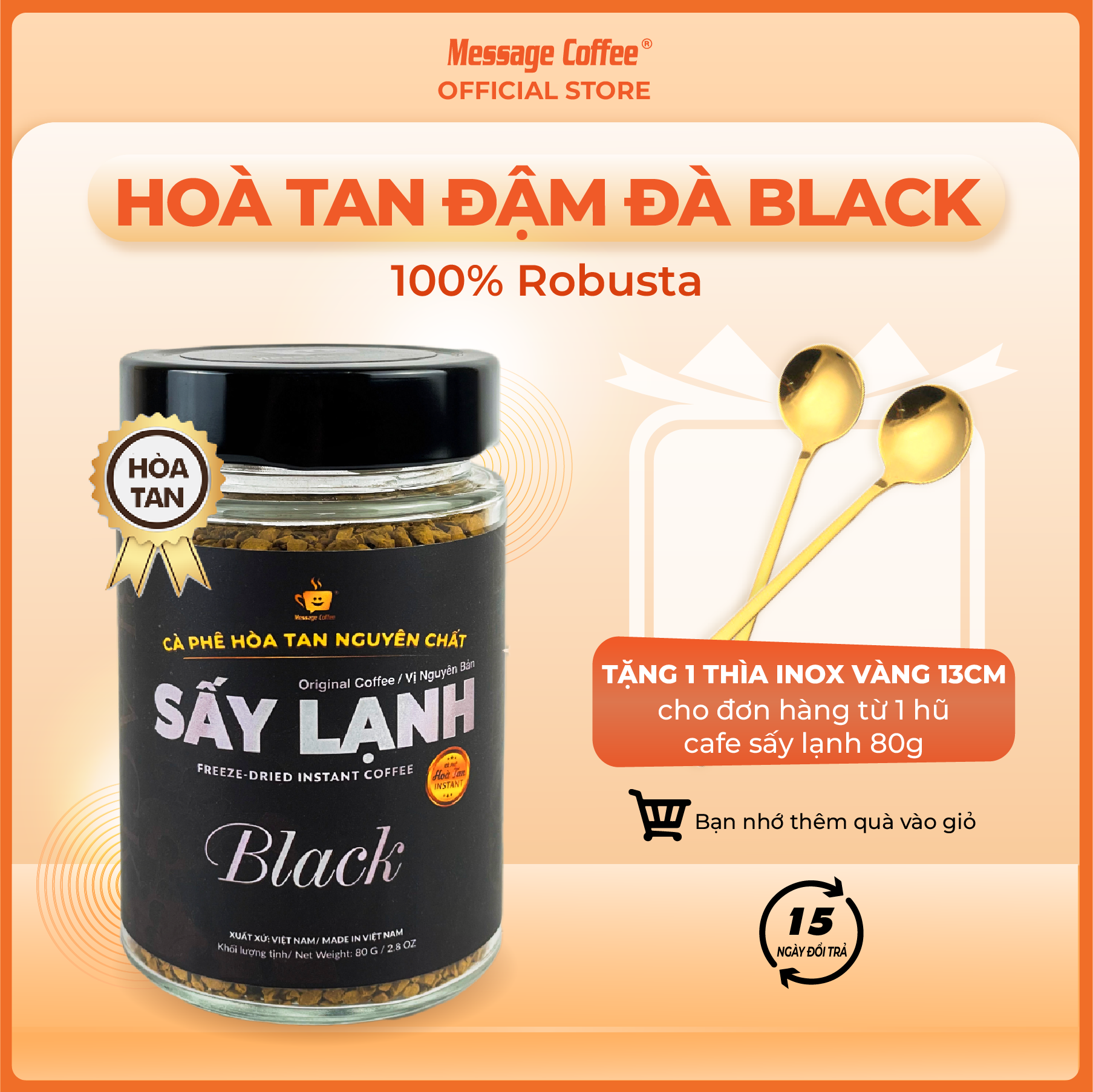 Cà Phê Hòa Tan Sấy Lạnh BLACK Gu Đậm Đà, tinh chất cà phê rang xay nguyên chất, tiện lợi, dùng liền từ Message Coffee