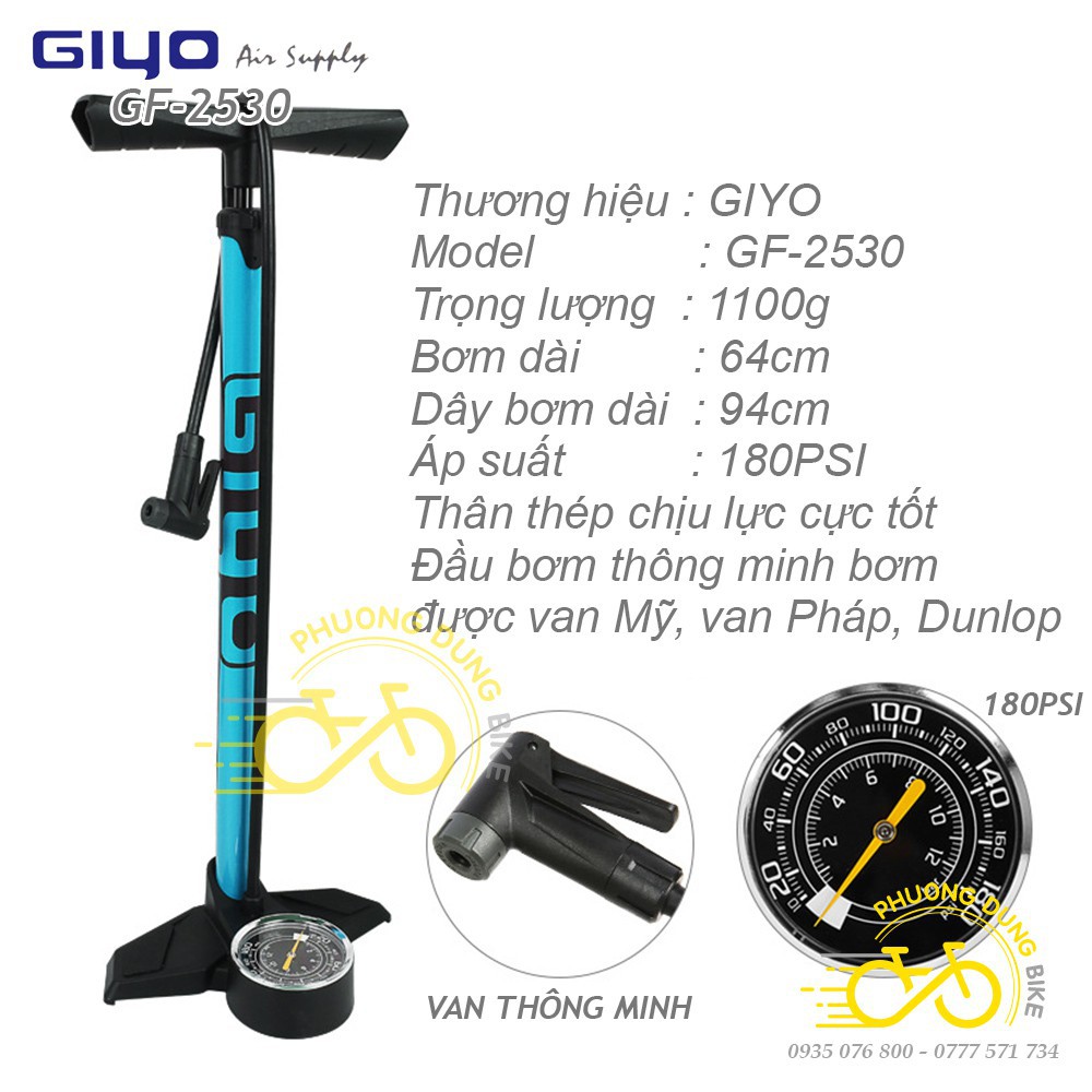 Bơm xe đạp, bơm xe gắn máy 180psi/12kg giyo 2430 thân nhôm