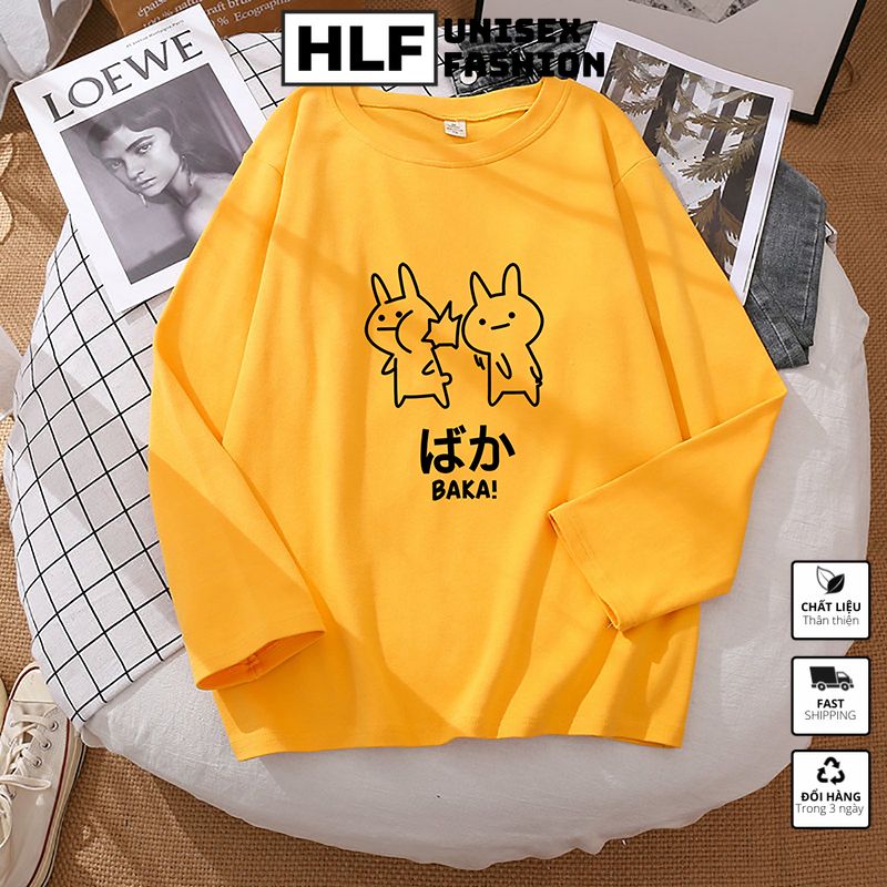 Áo thun dài tay form xuông rộng 2 em thỏ giận nhau paka, áo thu đông nữ HLFashion