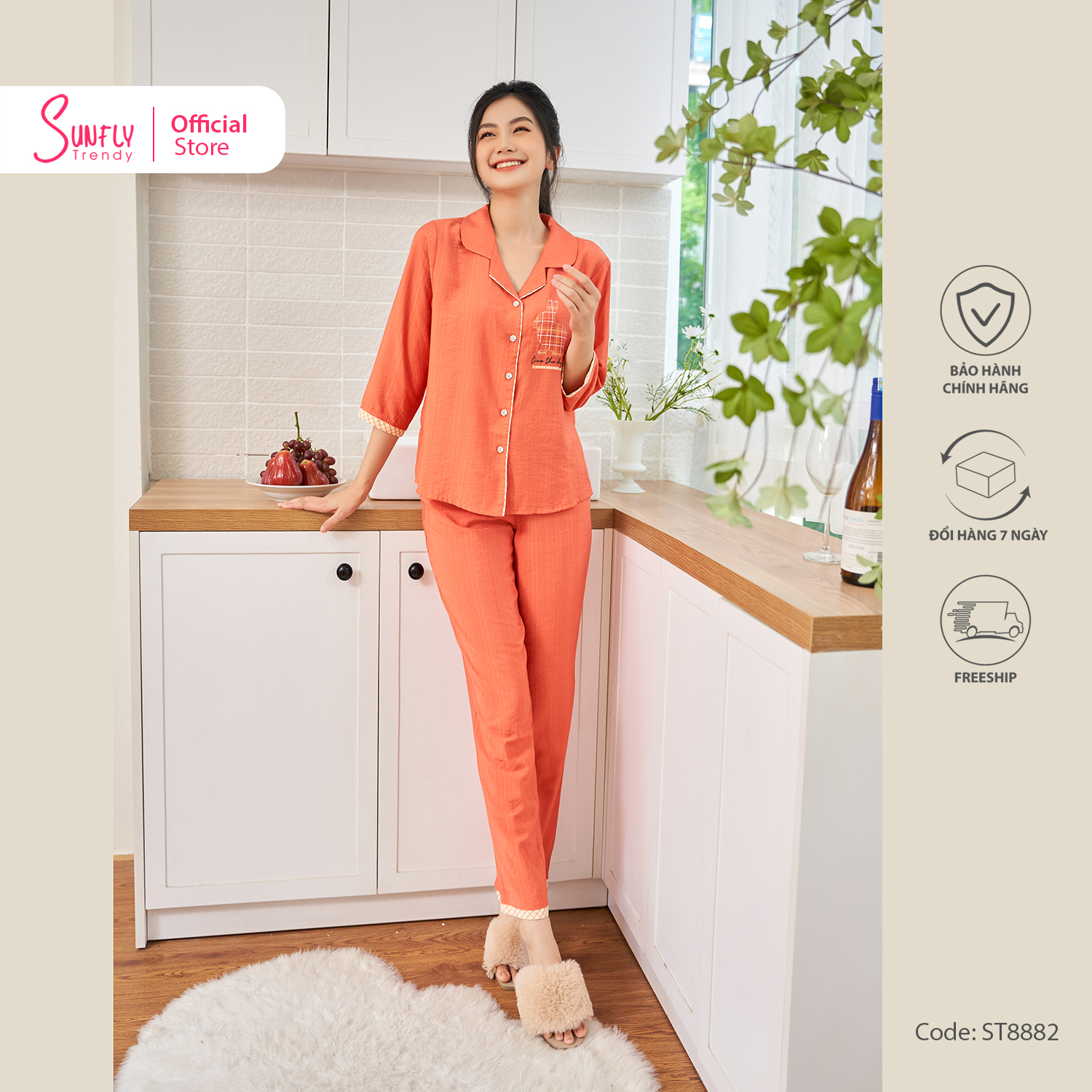 Bộ đồ mặc nhà nữ pyjamas linen sunfly áo tay lỡ quần dài st8882