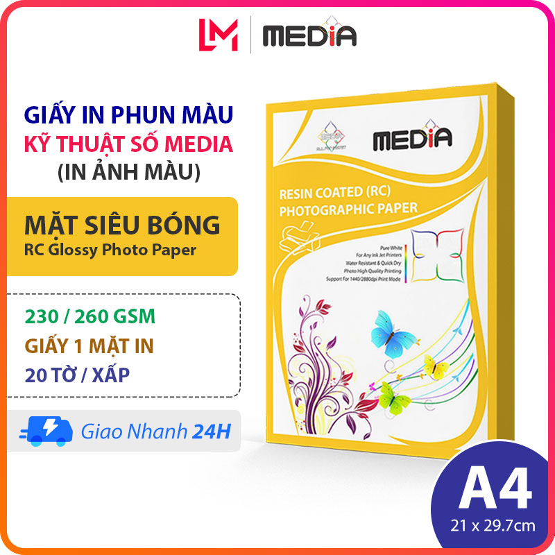 Giấy In Ảnh Media A4 Siêu Bóng 1 Mặt In 230/260gsm 20 Tờ, Giấy Ảnh Cao Cấp RC Glossy Photo Paper 21x30, Giấy In Phun Màu A3