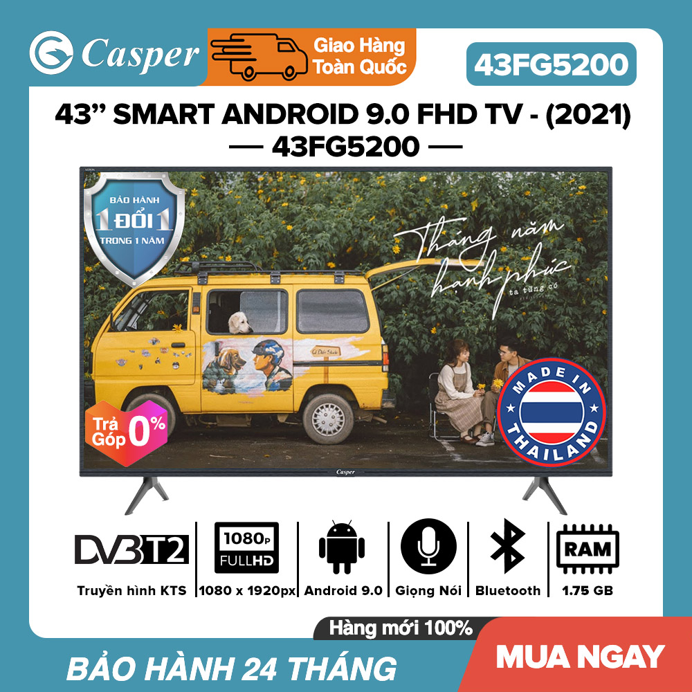 [TRẢ GÓP 0%] Smart Voice Tivi Casper 43 inch Full HD - 43FG5200 Android 9.0, Điều khiển giọng nói, Bluetooth, Chromecast built-in, Tấm nền IPS, 2K HDR, RAM 1.5GB, Dolby Audio, DVB-T2, Nhập khẩu Thái Lan, Tivi Giá Rẻ - Bảo Hành 2 Năm