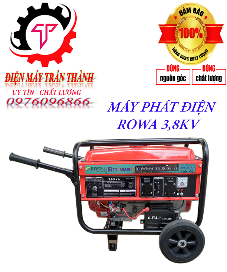 Máy phát điện có đề rowa 3,8kw acquy 12v7ah có đề nổ hàng nhập khẩu 2024,dùng được điều hòa 12kw,bảo hành 24 tháng