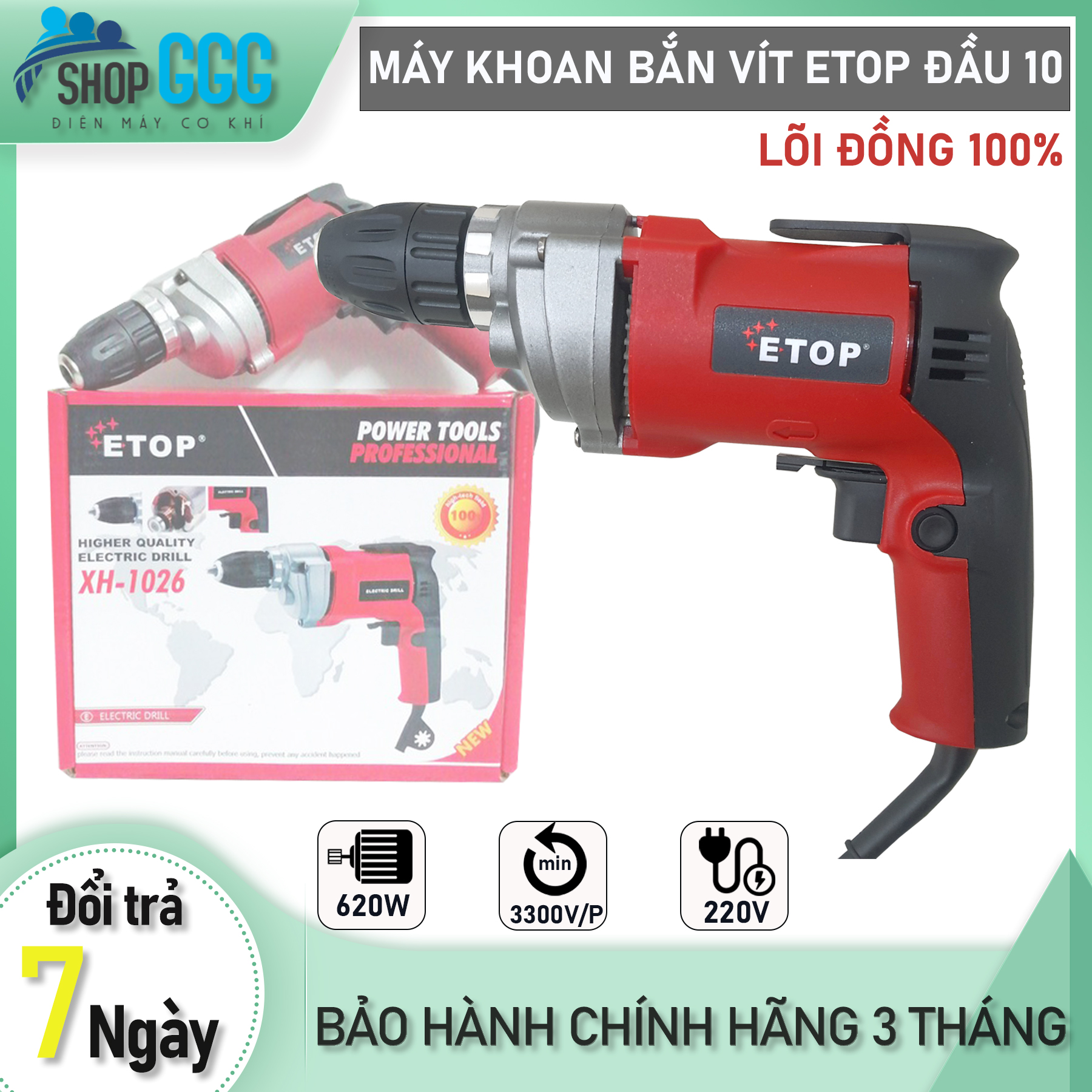 Máy khoan cầm tay, khoan bắn vít, khoan sắt 10 ly chính hãng Etop 1026, công suất 620w, tốc độ 3300v/p, có đảo chiều