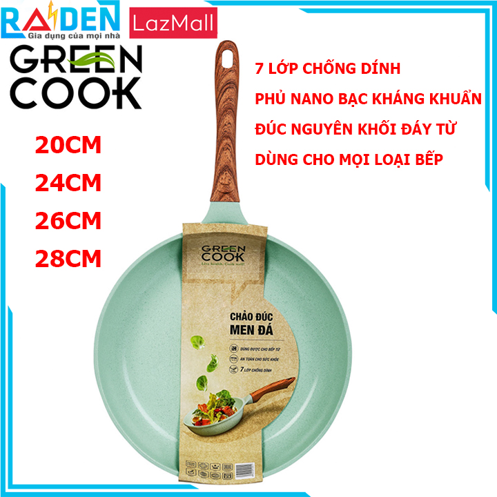 Chảo đúc chống dính đáy từ men đá xanh ngọc 7 lớp sâu lòng Green Cook GCP06 size 20/24/26/28cm dùng cho bếp từ, bếp gas, bếp hồng ngoại, bếp củi, bếp than - hàng chính hãng