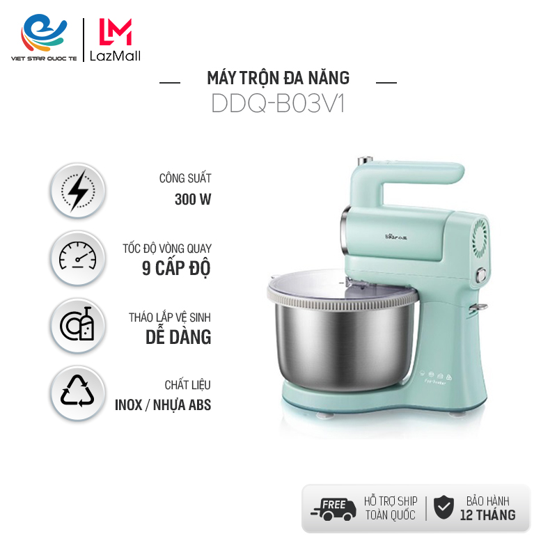 [99 điểm] Máy Trộn Bột Đánh Trứng Đa Năng Bear 4L, 6 Tốc Độ Không Gây Tiếng Ồn DDQ-B03V1 - Hàng Chính Hãng - Bảo Hành 18 Tháng