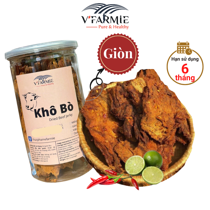 Khô bò giòn Hồng Ngự đặc biệt hũ 250g thơm ngon - bò khô giòn ăn vặt VFarmie Sài Gòn