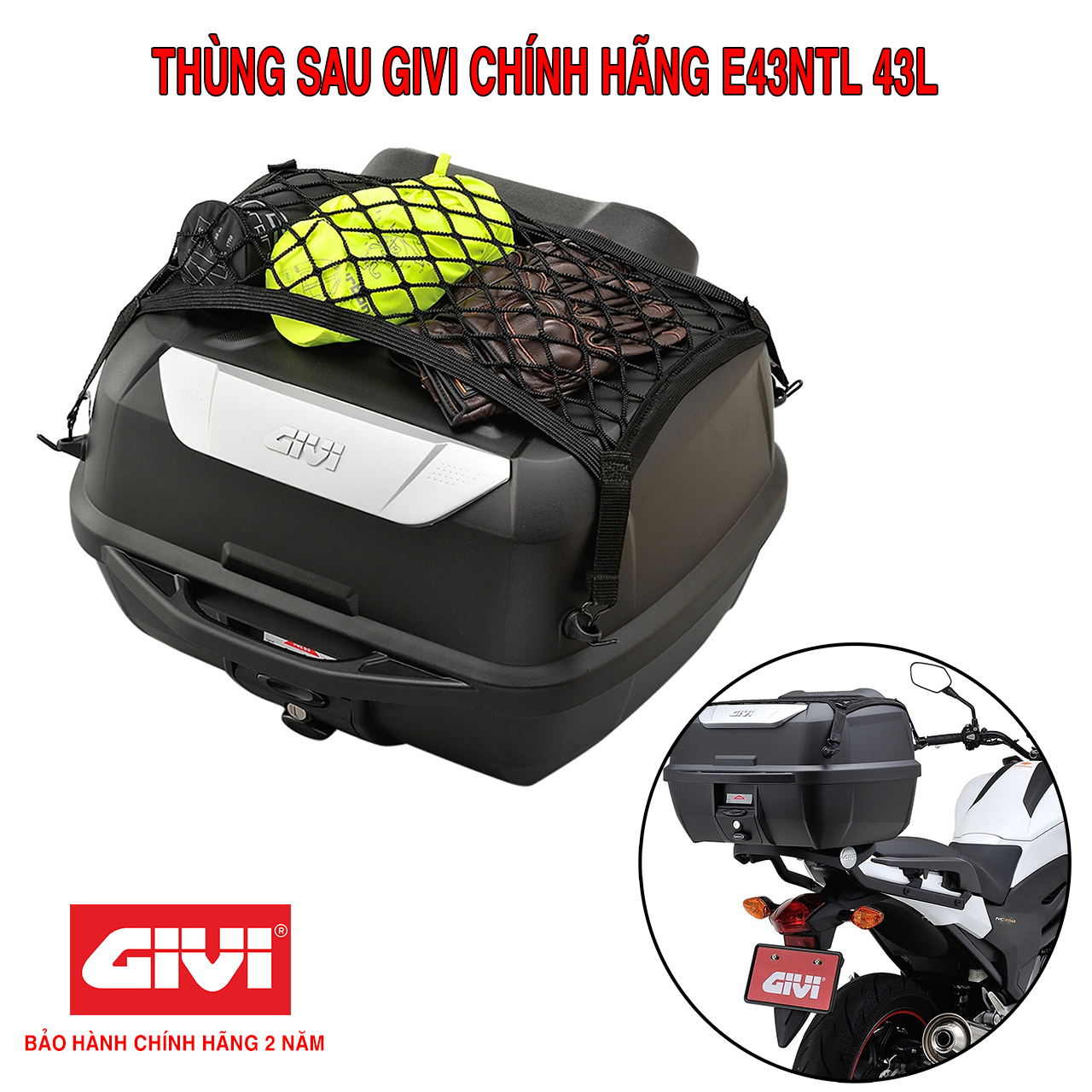 Thùng Sau Givi E43NTL - ADV 43 Lít Có Lưới Ràng Chính Hãng - Bảo Hành 2 Năm