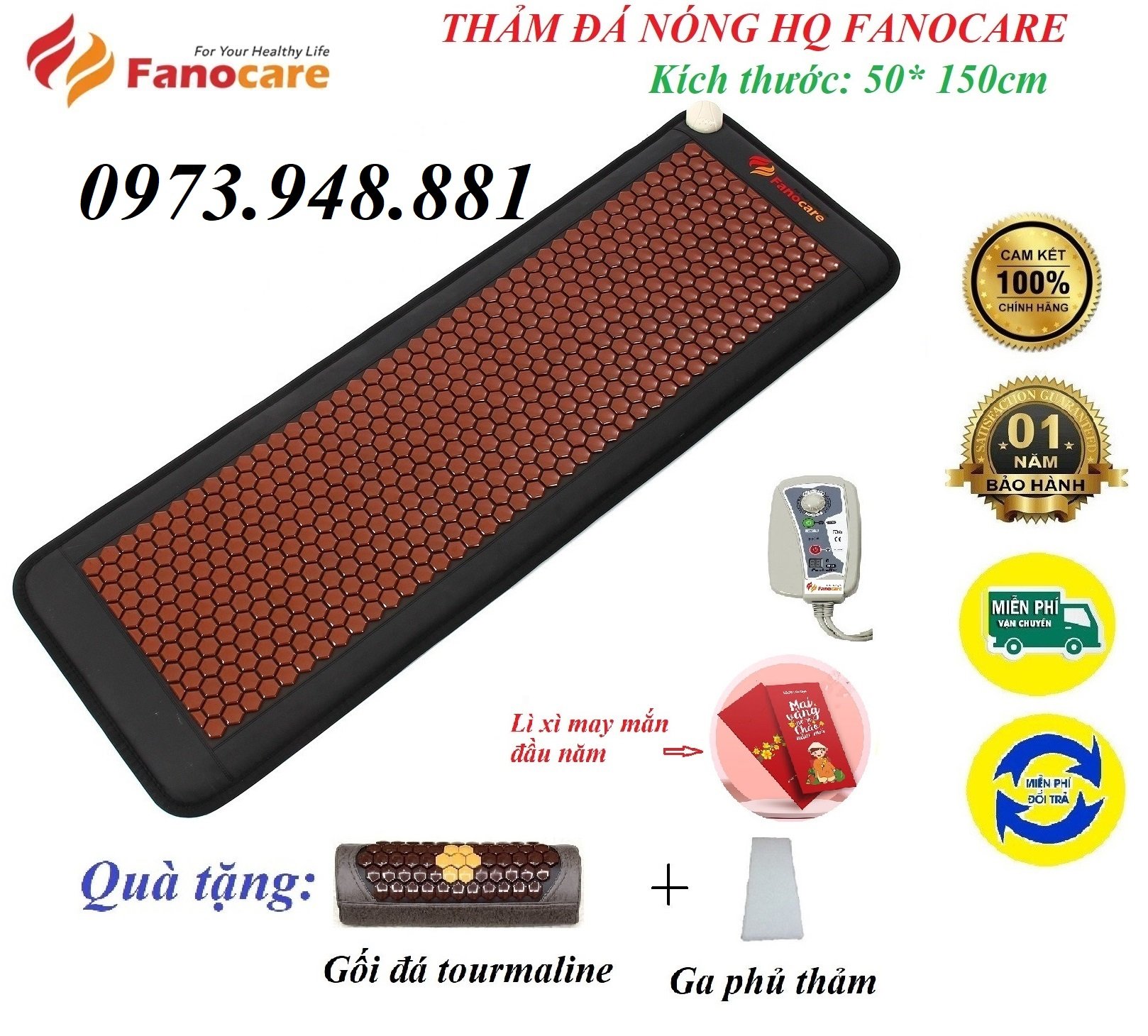 Nệm đá nhiệt nóng FN kích thước 50*150 (Tặng kèm 1 gối đá tourmaline)