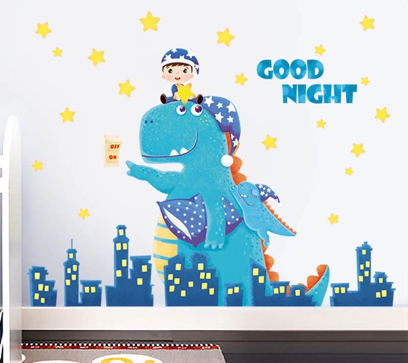 Decal tranh dán tường Khủng long xanh khám phá ban đêm