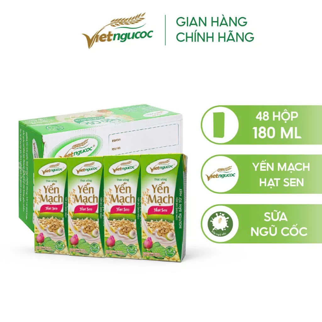 Thùng 48 Hộp Sữa Yến Mạch Hạt Sen VIỆT NGŨ CỐC Thơm Ngon Giàu Chất Xơ 180ml/Hộp