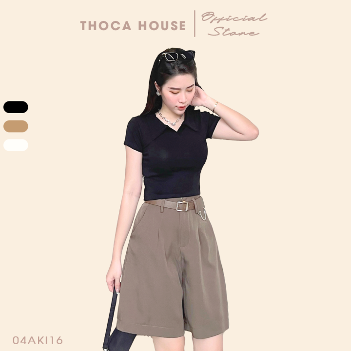 Áo thun croptop polo tay ngắn trơn trắng, đen, nâu THOCA HOUSE đơn giản dễ phối đồ, trẻ trung năng động