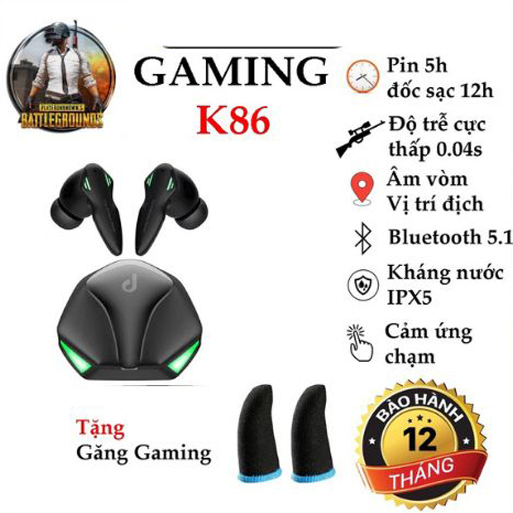 Tai nghe gaming bluetooth không dây 5.1 tws gaming k86 - tai nghe chơi game có mic, độ trễ cực thấp, pin siêu trâu, bass mạnh, âm thanh cực hay