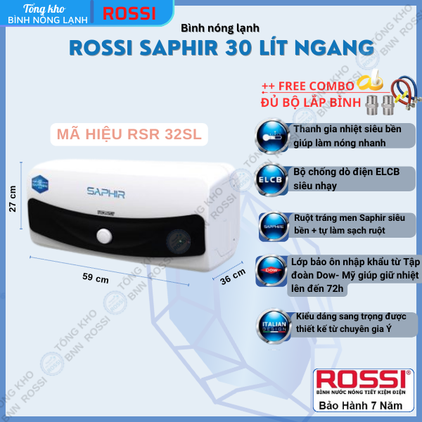 Bình nóng lạnh gián tiếp Rossi Saphir ngang RSR32SL(30 Lít)- bảo hành 7 năm, chính hãng Tân Á Đại Thành