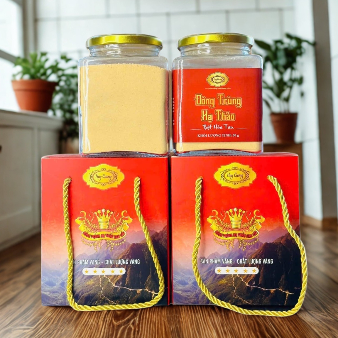 (50g) Bột đông trùng hạ thảo Huy Cương từ nấm đông trùng hạ thảo sấy khô thăng hoa hòa tan ngâm mật ong, pha trà