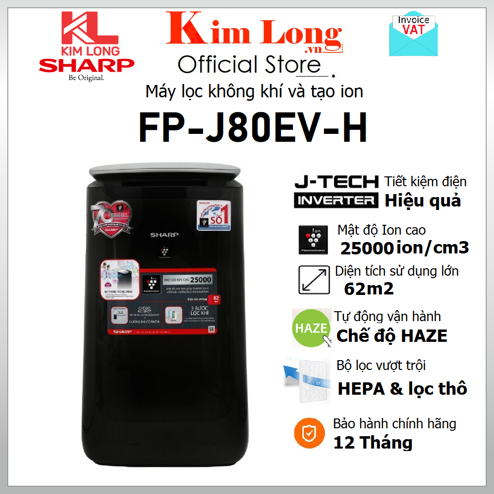 Máy lọc không khí sharp fp-j80ev-h - bảo hành 12 tháng chính hãng