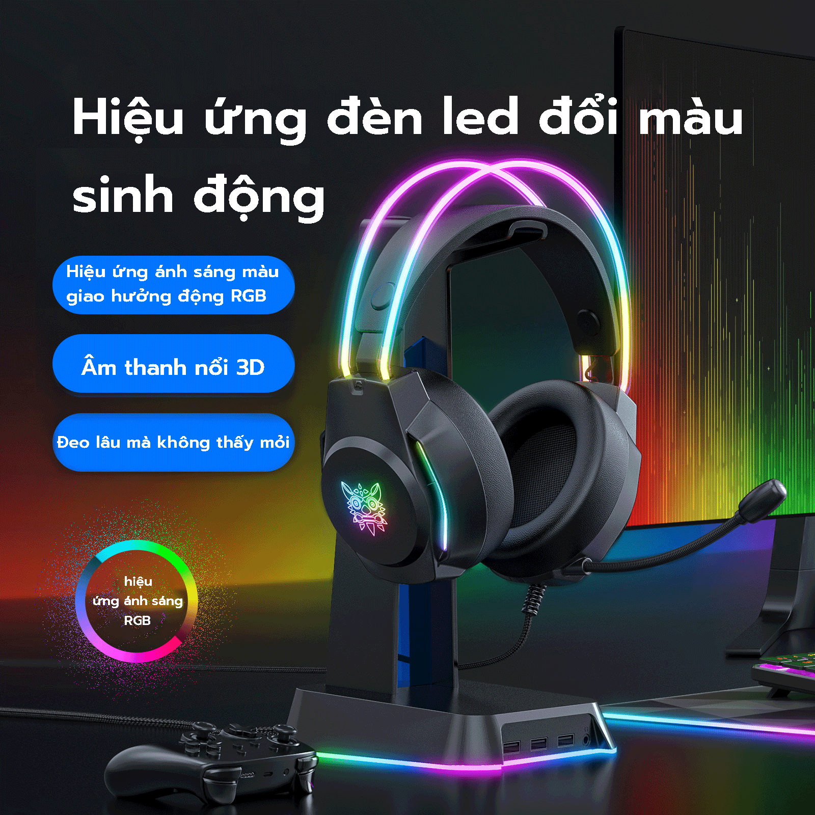 Tai nghe Chụp tai Chơi game Đen ONIKUMA X26 Có Micro Chống ồn, Tay nghe Gaming Có RGB,Cho Máy tính, Laptop, PC