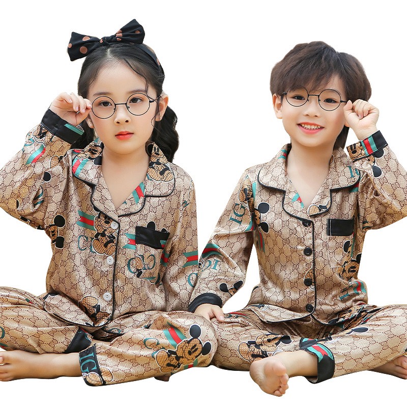 Bộ Pijama Lụa Dài Tay Cho Bé Từ 6-28kg -THE MOON HOUSE, Bộ Lụa Họa Tiết Gấu Cho Bé Trai Và Bé Gái Mặc Nhà Cực Yêu