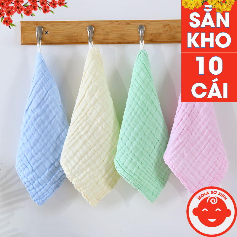 Sét 10 khăn sữa xô 6 lớp trơn màu rửa mặt loại dày mềm mại cho bé