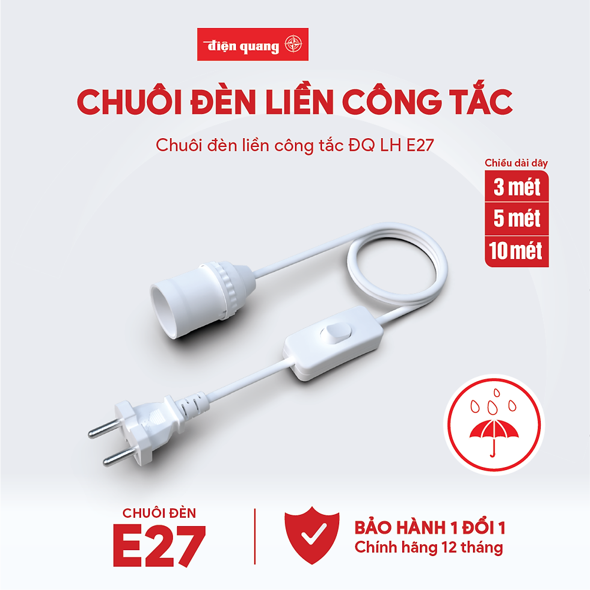 Chuôi đèn liền công tắc điện quang đq lh e27 - kèm phích cắm và dây dài 3m/5m/10m