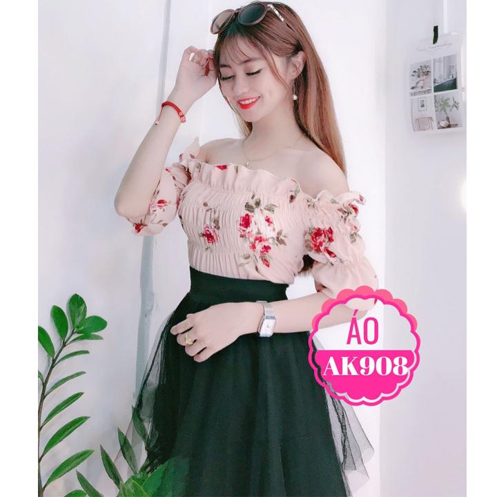 Áo Kiểu Nữ Chất Voan, Kiểu Trễ Vai, Nhúng Áo Tay Dài, Họa Tiết Hoa Đẹp Phù Hợp Dự Tiệc, Công Sở, Dễ Dang Phối Trang Phục, Dáng Xinh