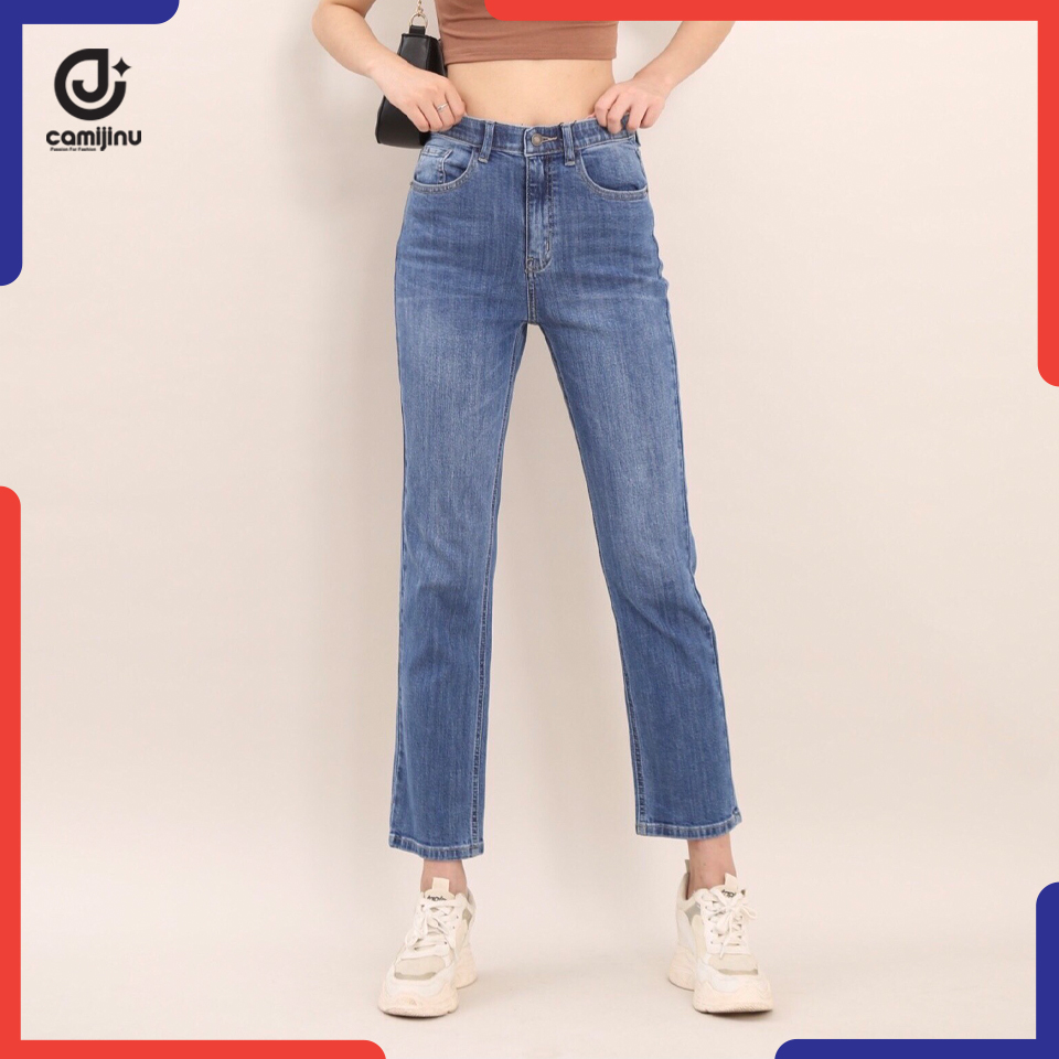 Quần jeans nữ ống đứng cạp chun xanh trung
