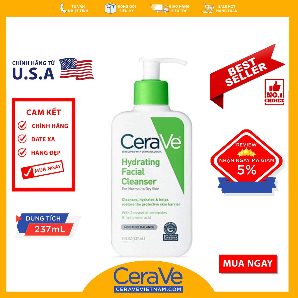 CeraVe Hydrating Facial Cleanser - Sữa rửa mặt da khô