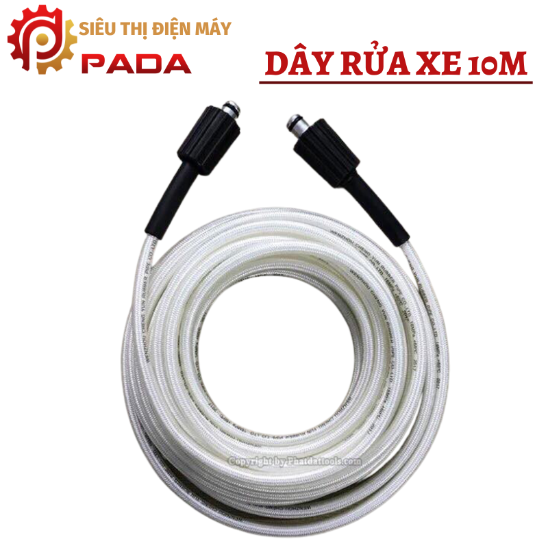 Cuôn dây rửa xe cao áp 10m ren tùy chọn 14x22 hoặc 22x22-Màu trắng-Hàng cao cấp-Tặng kèm khớp nối dài dây rửa xe