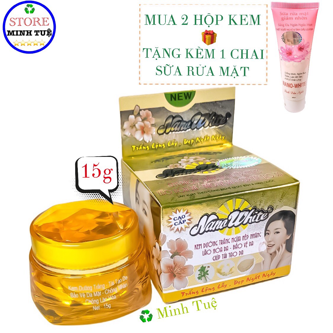 Kem dưỡng trắng Nano White, ngừa nếp nhăn, lão hóa da, bảo vệ da, giúp tái tạo da chiết xuất từ ngọc trai sâm trắng hàng chính hãng (15g), mua 2 hộp kem tặng kèm 1 chai sữa rửa mặt Nano White (80ml)