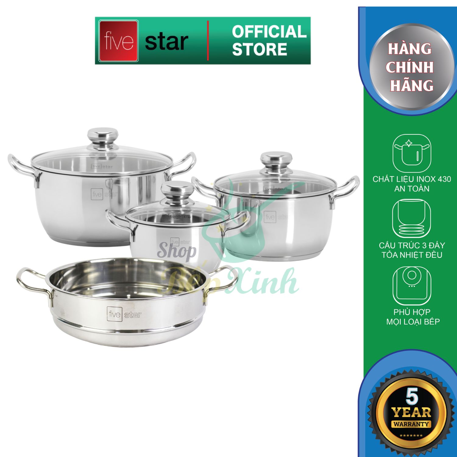 Bộ nồi xửng inox 430 cao cấp Fivestar 3 đáy từ nắp kính ( tặng 5 muỗng ăn ) - hàng chính hãng