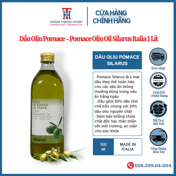 Dầu Olive Pomace Silarus 1L Cao Cấp Chuyên Dùng Hằng Ngày Cho Gia Đình - Nhà Hàng [Nhập Khẩu Ý]