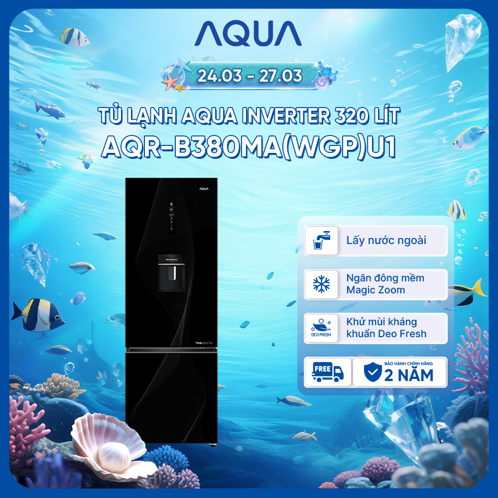 Tủ lạnh Aqua Inverter 320 lít AQR-B380MA(WGP)U1 - Ngăn đá dưới, màu đen, dung lượng lớn