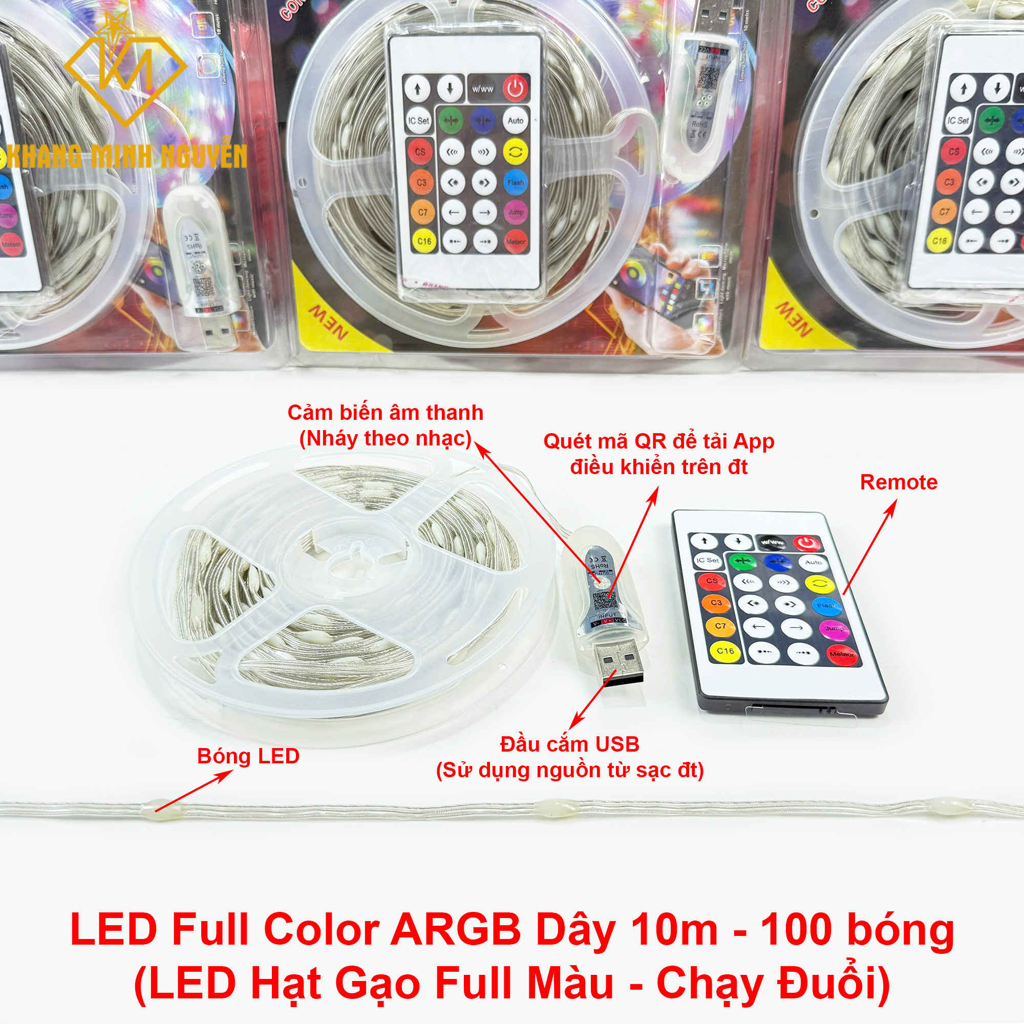 (Dây 10m - 100 LED) Đèn led Full màu ARGB đầu USB nháy theo nhạc, điều khiển bằng apps ĐT và remote