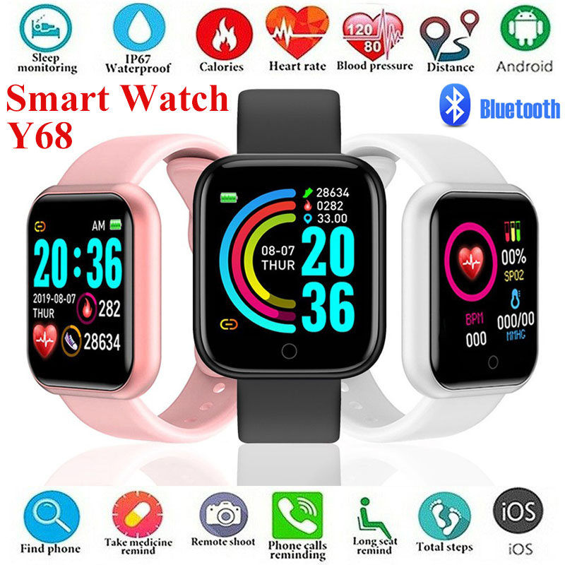 Đồng hồ thông minh Y68 kết nối Bluetooth, chống nước IPX7, đo nhịp tim, đếm bước chân, theo dõi sức khỏe.