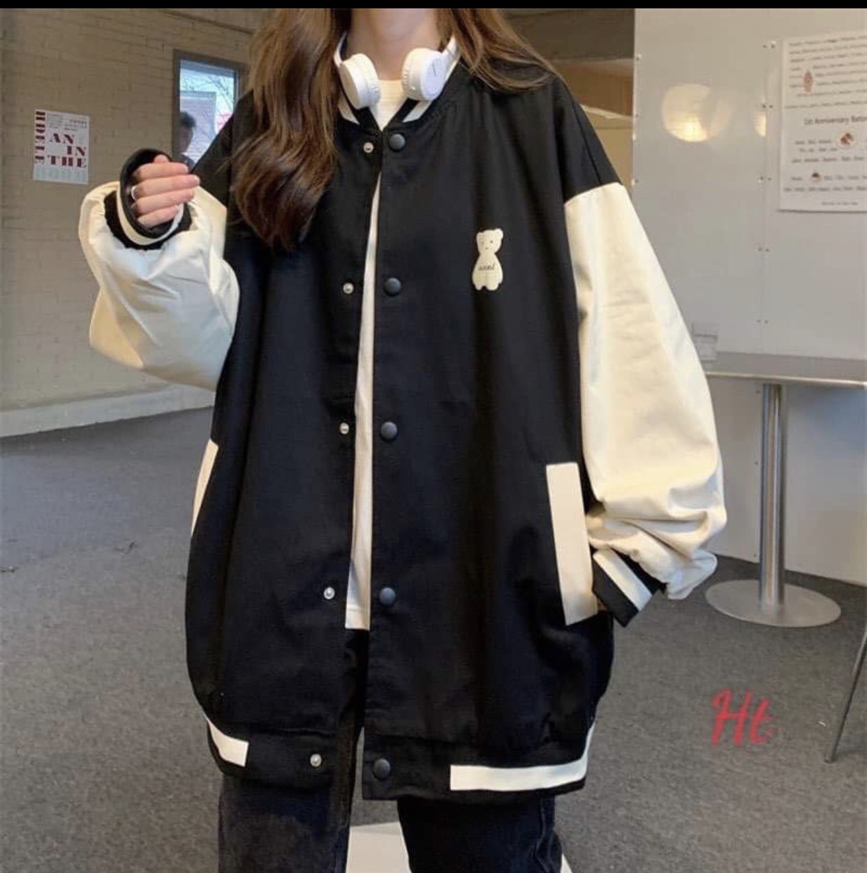 Áo khoác bomber nỉ lô gô gấu HT12