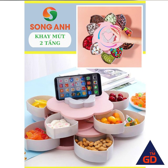 Khay đựng mứt tết 2 tầng - Hộp đựng mứt tết - Kèm để điện thoại xoay tròn thông minh ✳️ Đa Năng
