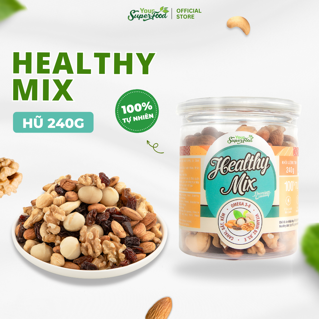 Hạt dinh dưỡng Healthy Mix (Nhân Óc Chó, Nhân Macca, Hạnh Nhân, Nho, Hạt Điều) siêu ngon hộp 240g Your Superfood