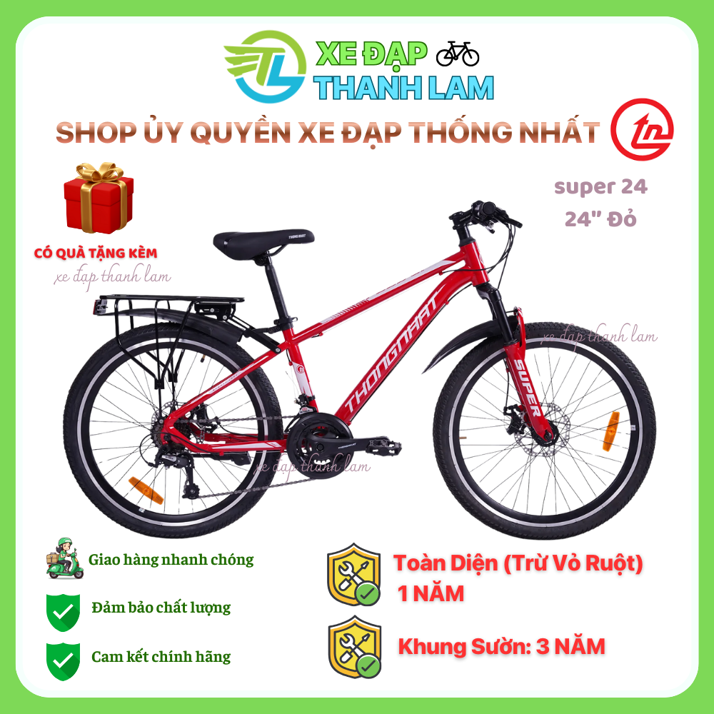 Xe đạp Thống Nhất Super 24S Bánh 24'', xe địa hình MTB (Tặng bơm, dầu xích, dụng cụ lắp ráp, Khóa)
