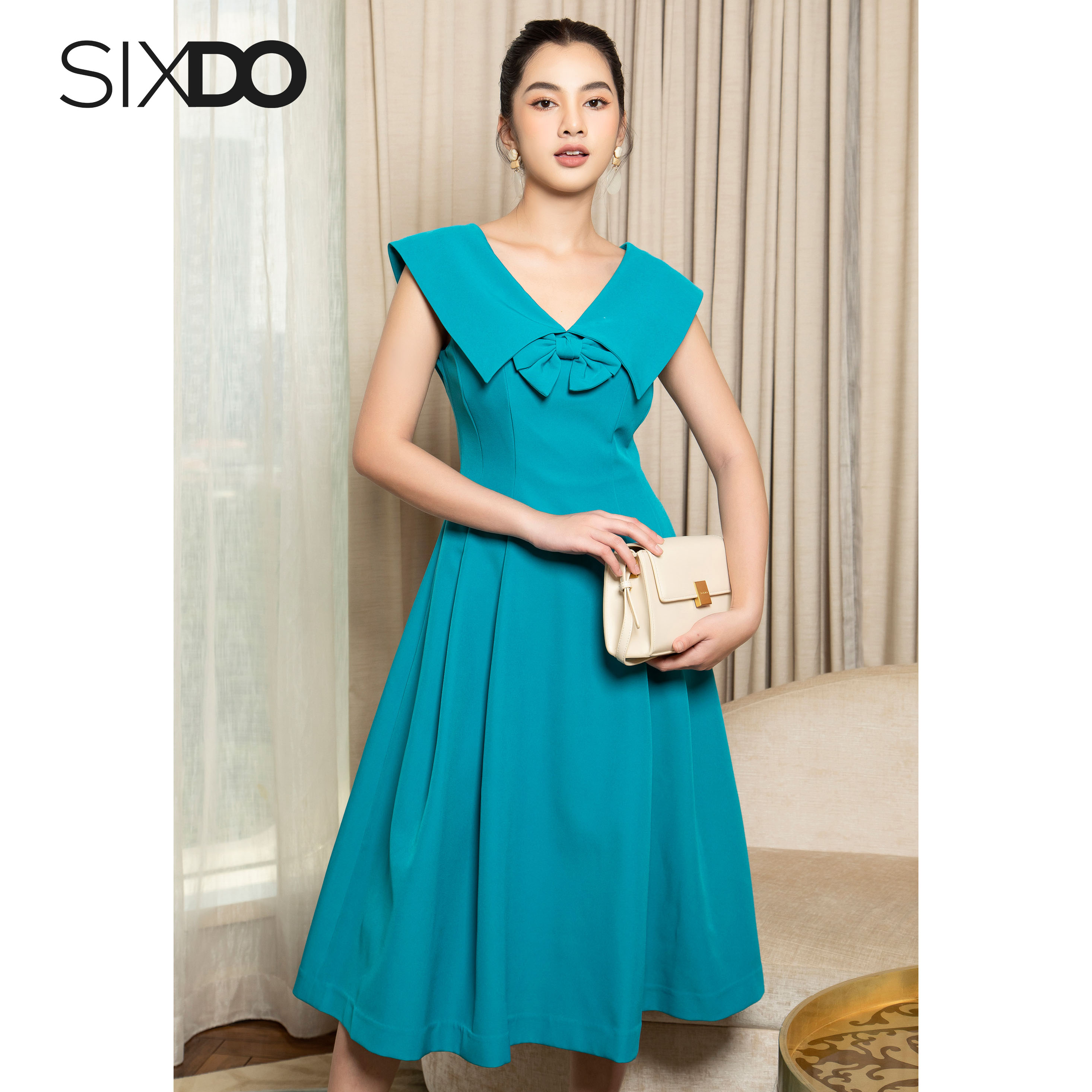 Đầm xanh dáng xòe phối nơ cổ SIXDO