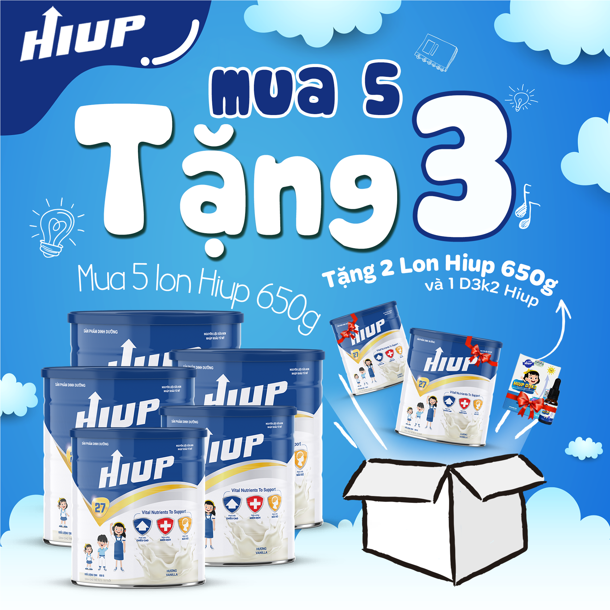 Lon sữa bột hiup 650g cho trẻ từ 2 - 15 tuổi bổ sung canxi, dha, vitamin d3 k2, protein, sữa tăng chiều cao cho bé hàng chính hãng - not vat