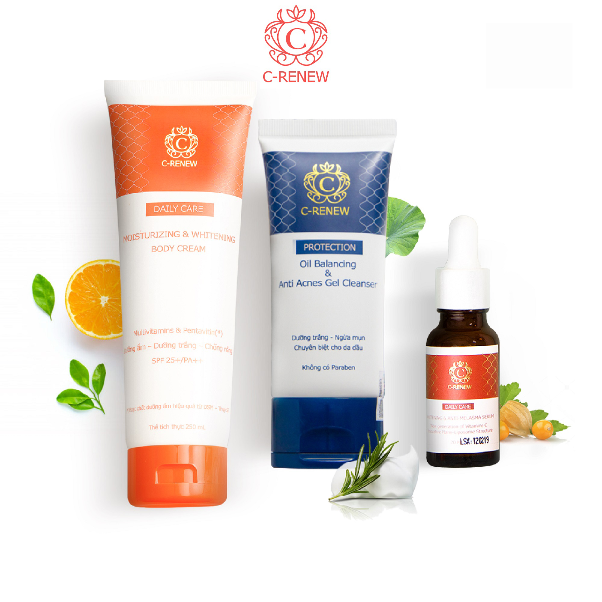 Bộ Mỹ Phẩm Dưỡng Trắng Mờ Thâm Nám C- RENEW Dành Cho Da Dầu - 1. Serum Dưỡng Trắng Mờ Thâm Sạch Nám - 1. Sữa Rửa Mặt Ngừa Mụn dạng Gel chuyên biệt cho da dầu - 1. Kem Body Dưỡng Ẩm Dưỡng Trắng Chống Nắng SPF25+/PA++
