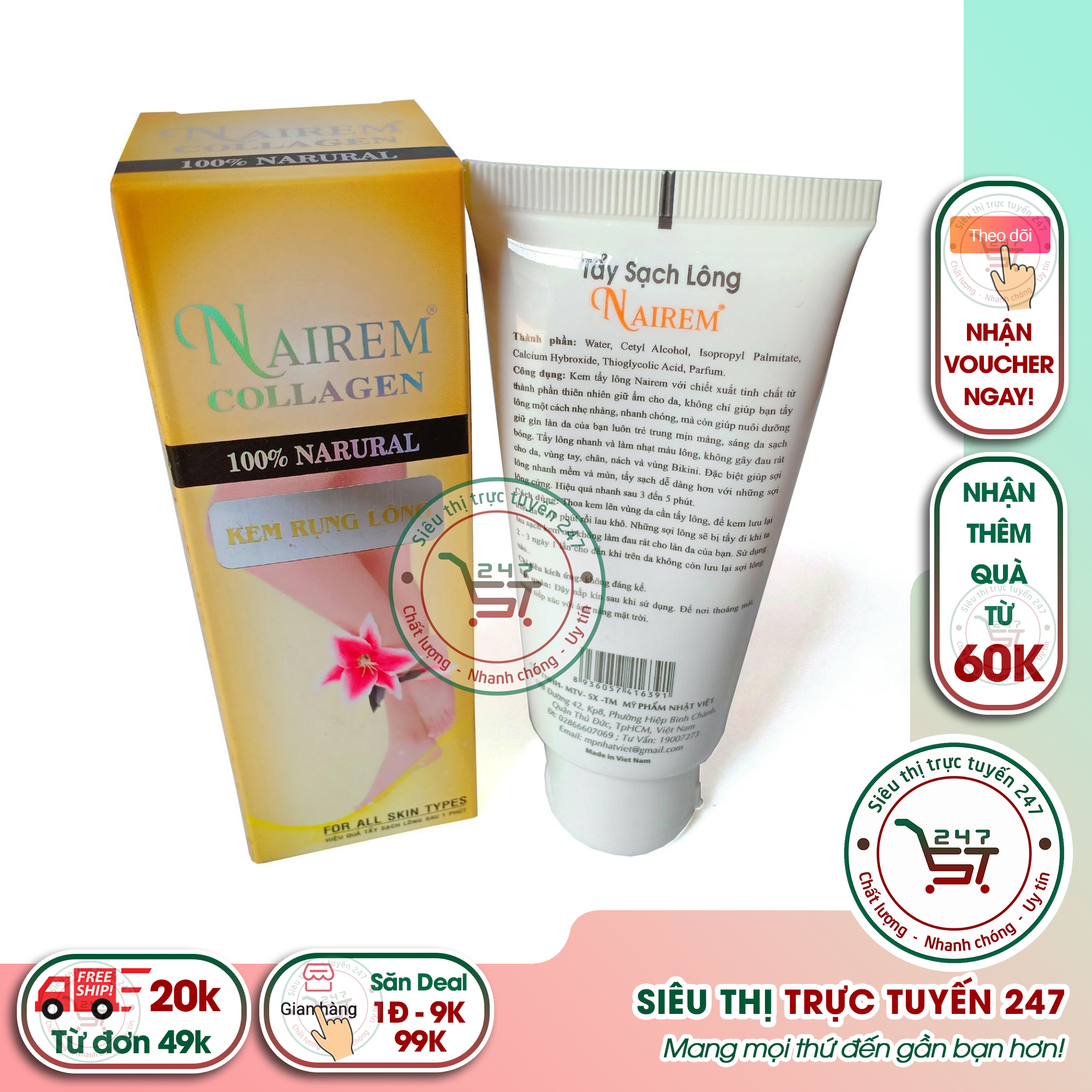 Kem rụng lông Nairem 70ml (Vàng) wax lông nhanh gọn tại nhà